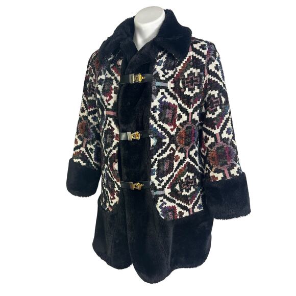 Vintage 60s 70s Tapestry Carpet Coat Faux Fur Gold Buckle Penny Lane Boho Mod - Picture 9 of 11